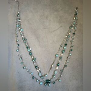 Lia Sophia. 3 Strand Long blue/green/silver Necklace.